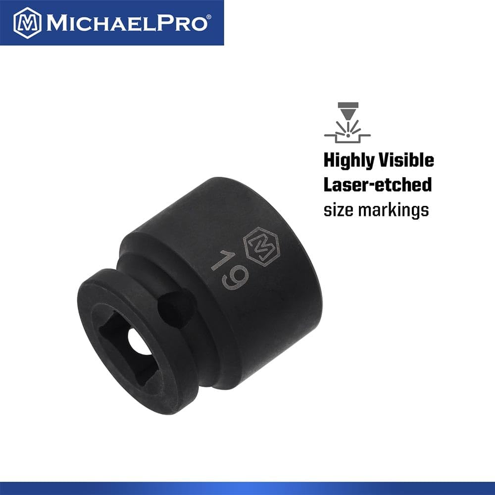 MichaelPro 3/8 Inch Low Profile Impact Socket Set, 8-Piece Low Profile Socket Set, CR-MO, with Socket Rail | MP005045