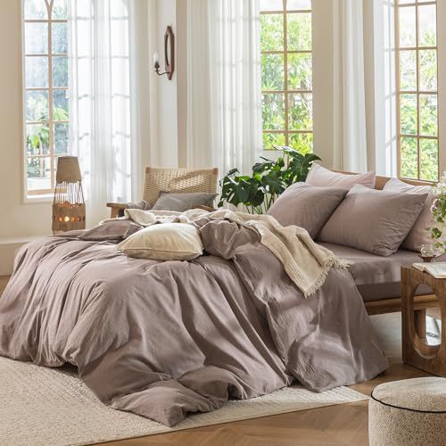 Image of MooMee Duvet Cover Set 100% Washed Cotton Linen Like Super King | Relaxed Linen-like Texture. Soft, Breathable & Long-lasting Comfort. Lightweight. Hidden Zipper with 8 Interior Corner Ties