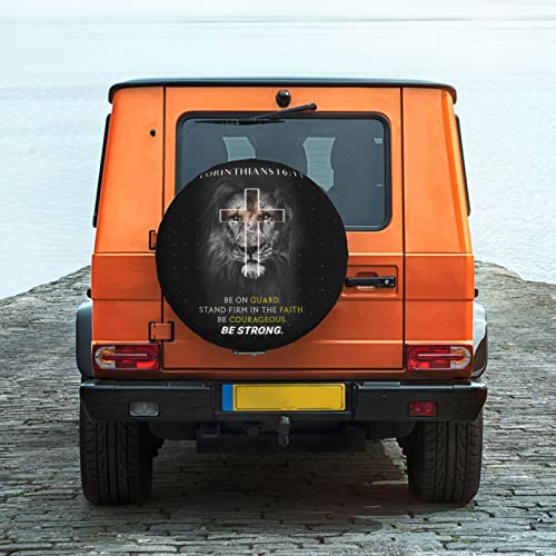 Image of Christian Aesthetic Prayer Spare Tire Cover for Dust-Proof Purpose Thin Light-Weight Polyester Fabric Universal Fit Tire Dust Covers with Bible Verse Scripture Corinthians 16:13-17 inch