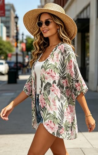 Image of FINOCEANS Womens Floral Chiffon Kimono Cardigans Loose Beach Cover Up Half Sleeve Tops