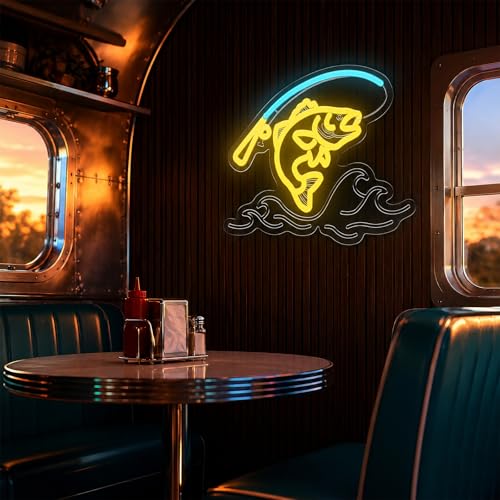 Image of Fishing Neon Sign for Wall Decor,Dimmable Fishing Hook Neon Light Up Signs for Yacht Man Cave Living Room Father's Gifts