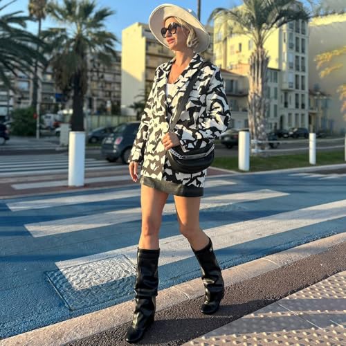Image of Fold Over Boots Women's Knee High Shark Boots Round Toe Wedge Heel Flat Shoes for Fall Winter Dress Shoes