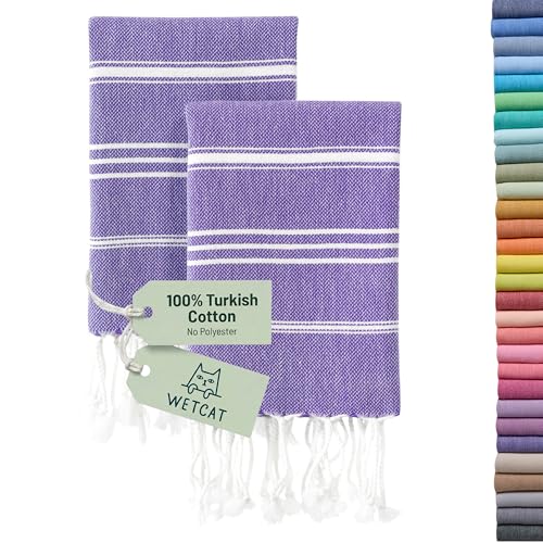 WETCAT Turkish Hand Towels with Hanging Loop, Set of 2 (20" x 30") 100% Turkish Cotton, Pre-Washed, Quick Drying, for Kitchen or Bathroom - Dark Purple
