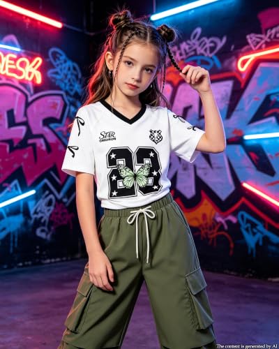 Image of Betusline Girls 2 Piece Summer Outfits,Kids Casual Short Sleeve Crop Top & Cargo Jogger Pants Sets,4T-14Y