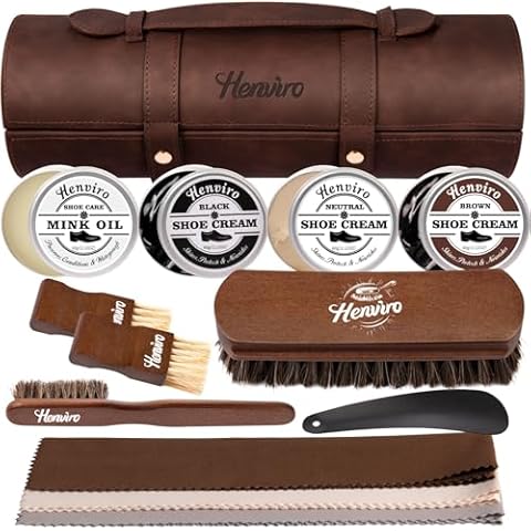 Henviro Leather Shoe Shine Kit For Men - 13 PCS Shoe Polish Kit, Leather Boots Care, Shoe Care Kit Gift for Men Him Husband Cover