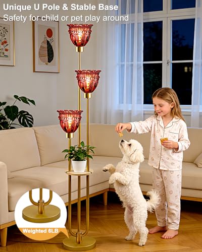 Image of Lightdot Glass Floor Lamp with 5Lbs Heavy Base for Living Room Modern Gold Floor Lamp with Rose Red Glass Shade & 3000K Bulbs Included Tall Standing Lamp with Foot Switch for Sofa Beside /Corner Decor
