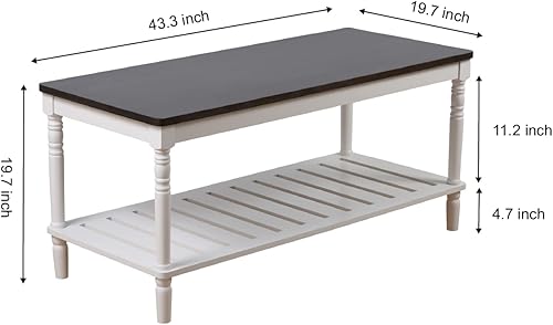 Miniatura 2 de Mesa de centro de granja, madera maciza + MDF rústica, vintage, mesas de sala de estar con estante, marrón y blanco, 43 pulgadas