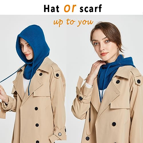 Facecozy Winter Hats for Women, Warm Hooded Scarf Hat for Women Balaclava Hood Knitted Beanie Hat Cap (Blue)