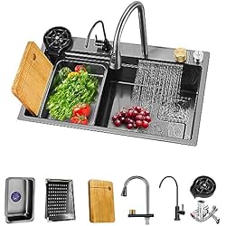 Amazon Fregadero Negro Fregadero de cocina con Grifo extraíble en cascada Fregadero cocina 1 seno de acero inoxidable Lavabo sobre encimera Grifo multimodo Fregadero multifuncional con accesorios (80*45*22CM, Negro-Gris)