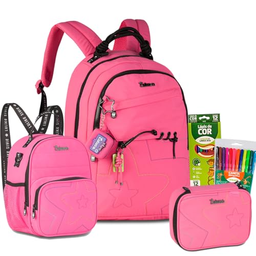 Kit Mochila de Costas Oficial Luluca Escolar Juvenil Menina Grande LU27030 Soft Bolso Antifurto (Rosa)