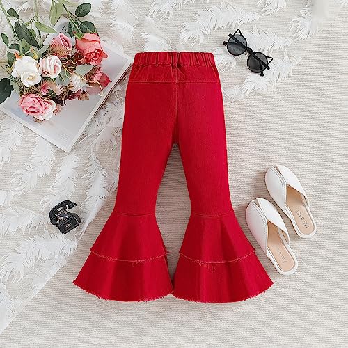 IWEMEK Toddler Girls Ruffle Ripped Jeans Bell Bottom Flare Pants Ripped Denim Leggings Trousers Elastic Waist Ruffle Pants3