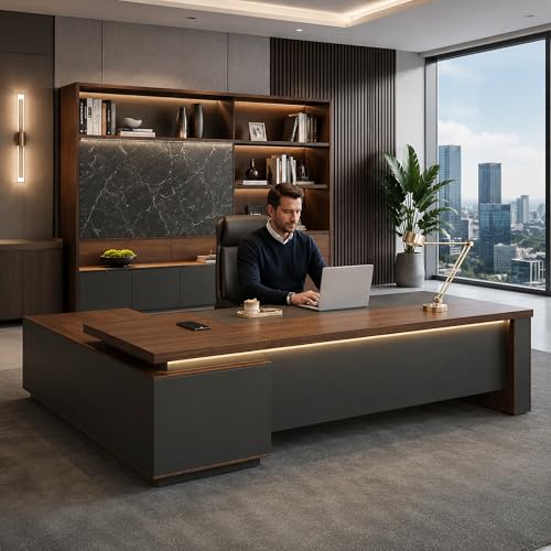 Nuipesn 71" Reversible L-Shaped Executive Desk with Built-in Power Outlets, USB Ports, LED Light, Lockable Drawers, Cable Management and Storage Cabinet, Red Walnut and Graphite Gray