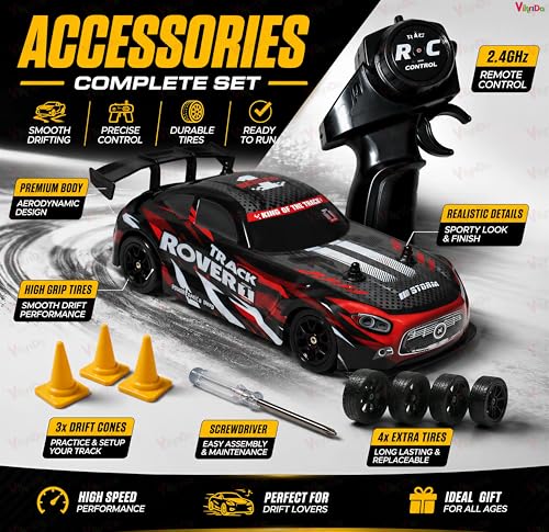 Image of VikriDA High Speed Remote Control Racing Car, Red RC Rapid Drift | 5 Channel, Rechargeable, Simulation Mist Spray, Light