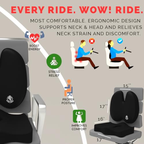 Image of MRRON Car Seat Lumber and Coccyx Pillow Kit Memory Foam Back Support and Siting Cushion Ergonomic Adjust Sitting Position Relief Pain for Car or Office Chair (Black, Backpro)