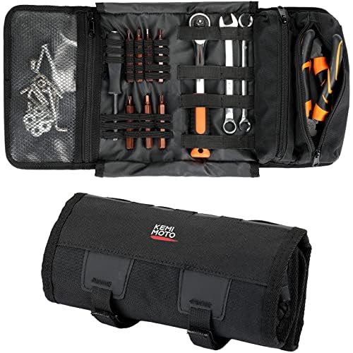KEMIMOTO Motorcycle Tool Bag - Handlebar Kit Roll Up Organizer With Elastic Loops Pockets - Sturdy Pouch for Softail Dyna Sportster - Tools Not Included