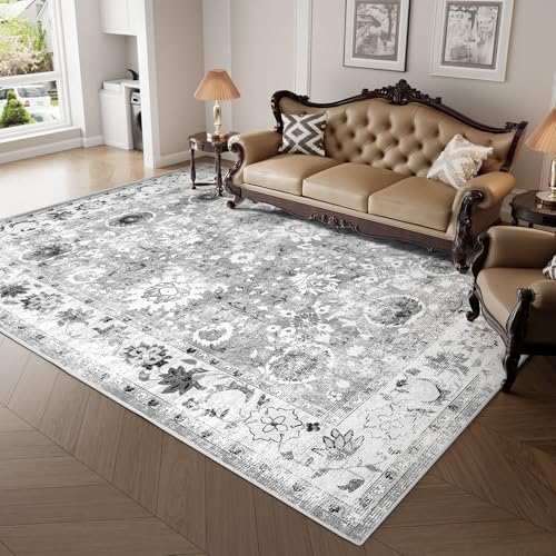 IKALIFE Alfombra Lavable Salon Vintage - Alfombra Pelo Corto Alfombra Sala Alfombras de Salon Antideslizante Grande para Habitacion Comedor Dormitorio 120x170 cm Gris