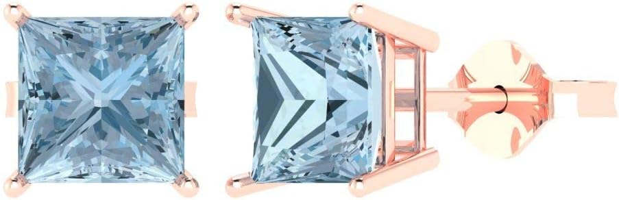 14K Rose Gold Princess-Cut Natural Aquamarine Stud Earrings - Push Back (4 cttw, 7.0mm)