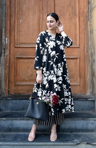 Image of GoSriKi Co Ord Set for Women Viscose Printed | Kurti Set for Woman | Kurta Palazzo Co ord Set | A Line Kurti | V Neck 3 /4 Sleeve Suit Set for Women Stylish Ethnic Outfit Clothing