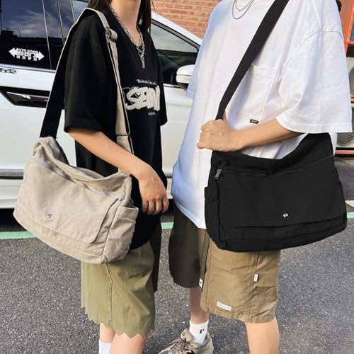 Image of Cotton Tote Handbag Women Canvas Crossbody Beach Bag Hobo Shoulder Tote Bag with 3 External Pocket,Zipper Closure