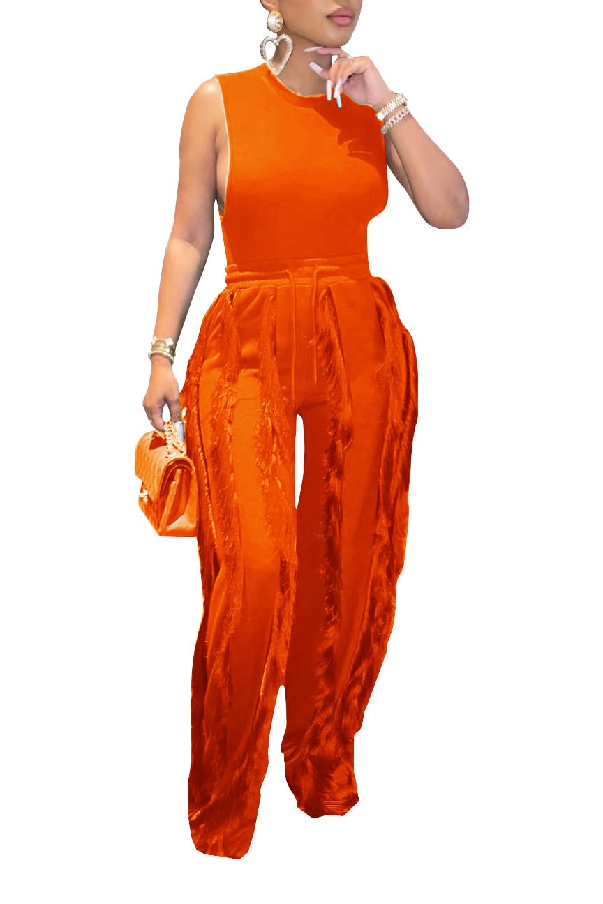 WOKANSE Womens 2 Piece Outfits Solid Color Sleeveless Casual Crewneck Crop Tops Bodycon Drawstring Tassels Long Pants Set