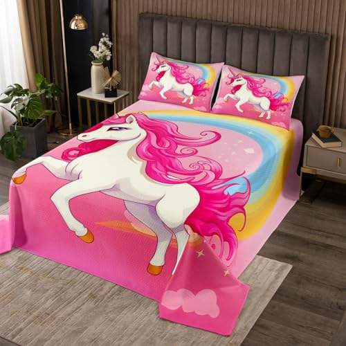 Erosebridal Hot Pink Unicorn Kids Bedspread Twin for Girls Teen,Boho Rainbow Toddler Quilt Bedding Set Kawaii Room Decor,Cute Unicorn Princess Quilts Sets Star Cloud Coverlet Set 2Pcs