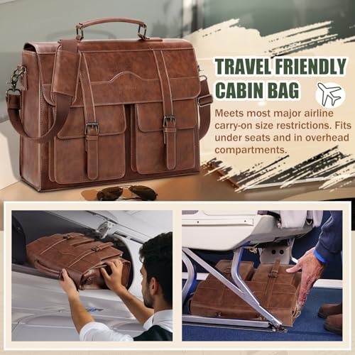 Image of RAINSMORE Mens Messenger Bag 17 /18 Inch Vintage Leather Laptop Briefcase Large Satchel Computer Shoulder Bag