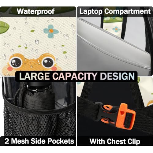 Pond Watercolor Frogs Flowers Clear Backpack Stadium Approved PVC Backpacks for Adults Heavy Duty Clear Bag for Work Security Travel College4