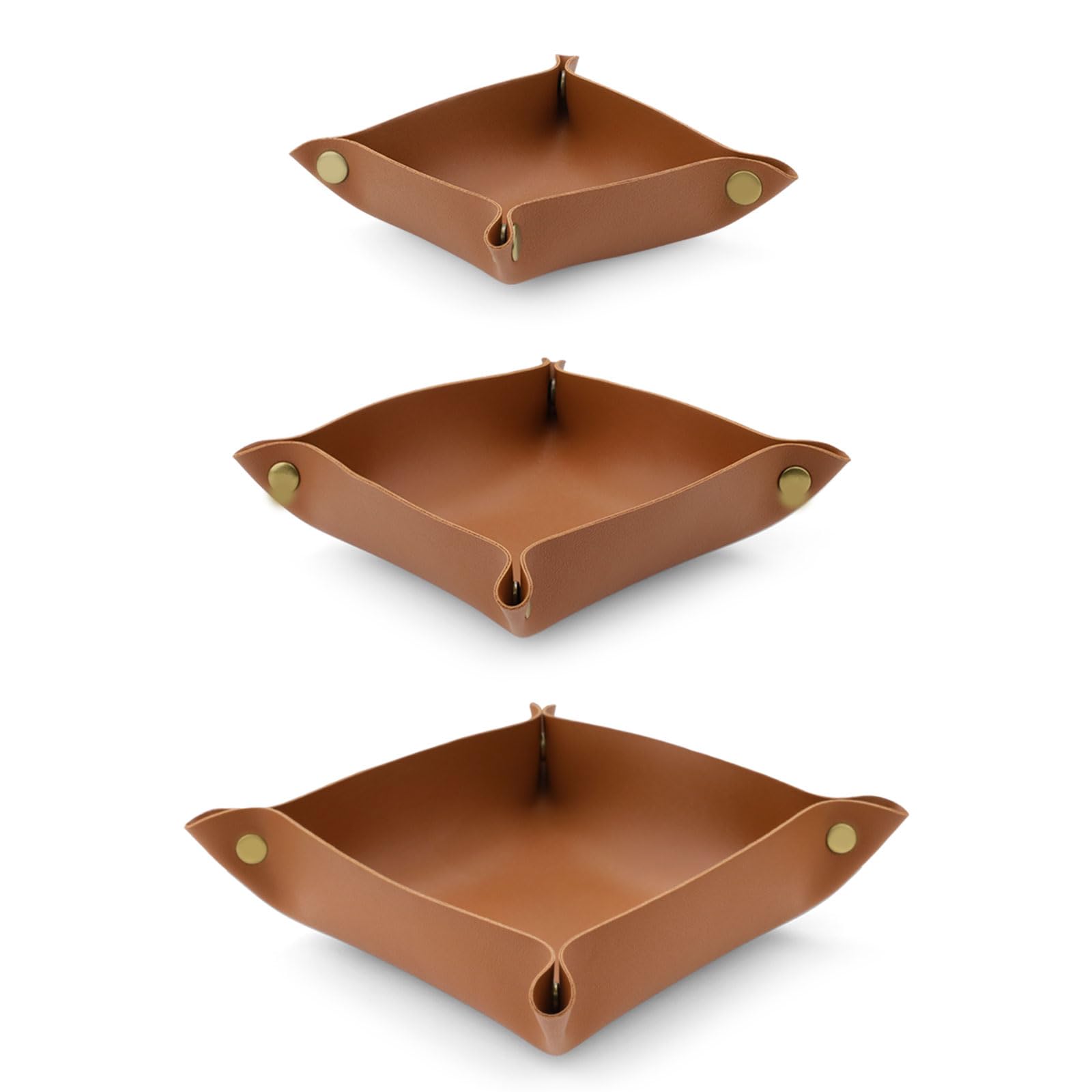 Modixun 3 Pack Leather Valet Tray, 3 Sizes Catchall Tray Desk Organizer for Key Jewelry Trinket Watch Perfume Coin, for Entryway Table Nightstand Dresser Vanity Travel, Brown
