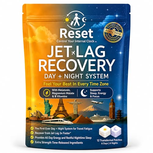 Reset Jet Lag Recovery System | Day and Night Transdermal Patches with Extra Strength Melatonin Magnesium and B Vitamins | Travel Fatigue Relief Sleep Support and Energy Boost | 12 Patches