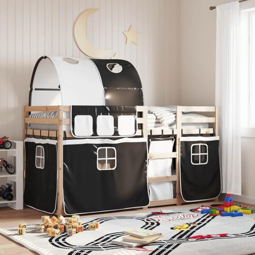 Litera Doble de Madera Maciza Pino vidaXL 90x190 cm, Cama, Estructura de Cama, Litera Baja, Muebles de Dormitorio, con Cortinas Madera Maciza Pino Blanco y Negro