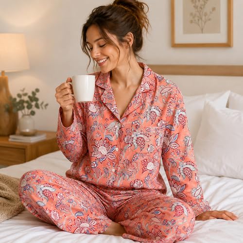 Image of Huar Women Pajama Set, 4 pcs Button Down Vacation Beach Cotton Set, Lounge wear PJ Set For Birthday