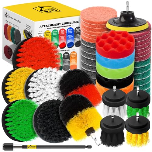 Holikme 45 Piece Drill Brush Attachment Set Scrub Pads Scouring Pads Power Scrubber Brush with Extend Long Attachment All Purpose Clean for Car Detailing，Grout, Tiles, Bathroom, Kitchen