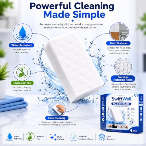 Image of Magic Cleaning Sponge Eraser | Melamine Foam Cleaning Pad for Kitchen Bathroom Wall Shoes Tiles Sink Steel Glass Multi Surface Cleaning | White Cleaning Block (Pack of 4)