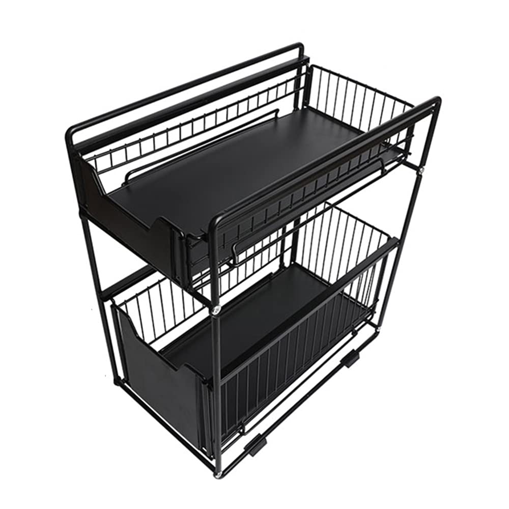 Supfine 2X Organisateur de Cuisine à 2 Niveaux, Rangement Sous évier Coulissant Support d'armoire Coulissant, Noir Panier de Rangement Coulissant pour Cuisine, Garde-Manger, Porte-épices