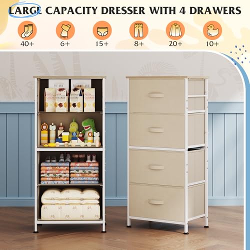 Image of WLIVE Dresser with 4 Drawers, Storage Tower, Organizer Unit, Fabric Dresser for Bedroom, Hallway, Entryway, Closets, Sturdy Steel Frame, Wood Top, Easy Pull Handle, Cream White