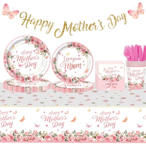 Happy Mothers Day Decorations Plates Set for Party - Serves 24, Includes Happy Mothers Day Banner, 2 Mothers Day Tablecloths, Pink Floral Plates, Napkins, Cups Table Decor Sign for Mom