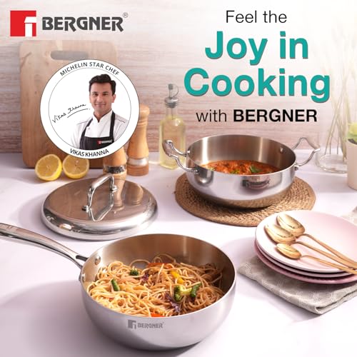 Image of Bergner Argent Saira Saiba Triply Stainless Steel 3 Pcs Cookware Set - 22 cm (2.5 L) Multi Frypan, 22 cm (3 L) Casserole and Common Stainless Steel Lid, Cook and Serve, Less Oil Use - Induction Bottom