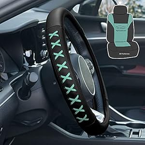 FH Group Universal 15 Inch Genuine Leather Steering Wheel Cover with Lace-Up Detailing -Universal Fit for Cars Trucks and SUVs (Mint/Black) FH2022