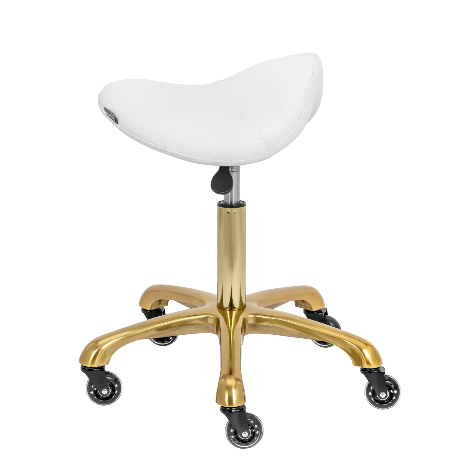 physa Zadelkruk - 57 - 75 cm - 150 kg - wit/goud Salonkruk Pedicure kruk Kruk met wielen Rolstoelkruk