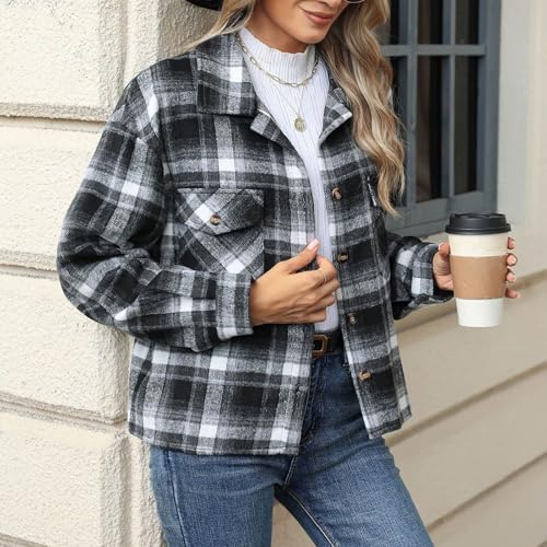 Womens Plaid Shacket Jacket Button Down Long Sleeve Plaid Flannel Shirts Fall Casual Loose Fit Coats Fashion Clothes4