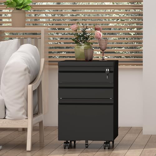 Image of Filing Cabinets for Home Office, Printer Table with Caster, Lockable Office Cabinet with 3 Drawer, Small File Cabinet for Letters /A4, No Assembly Required, Black