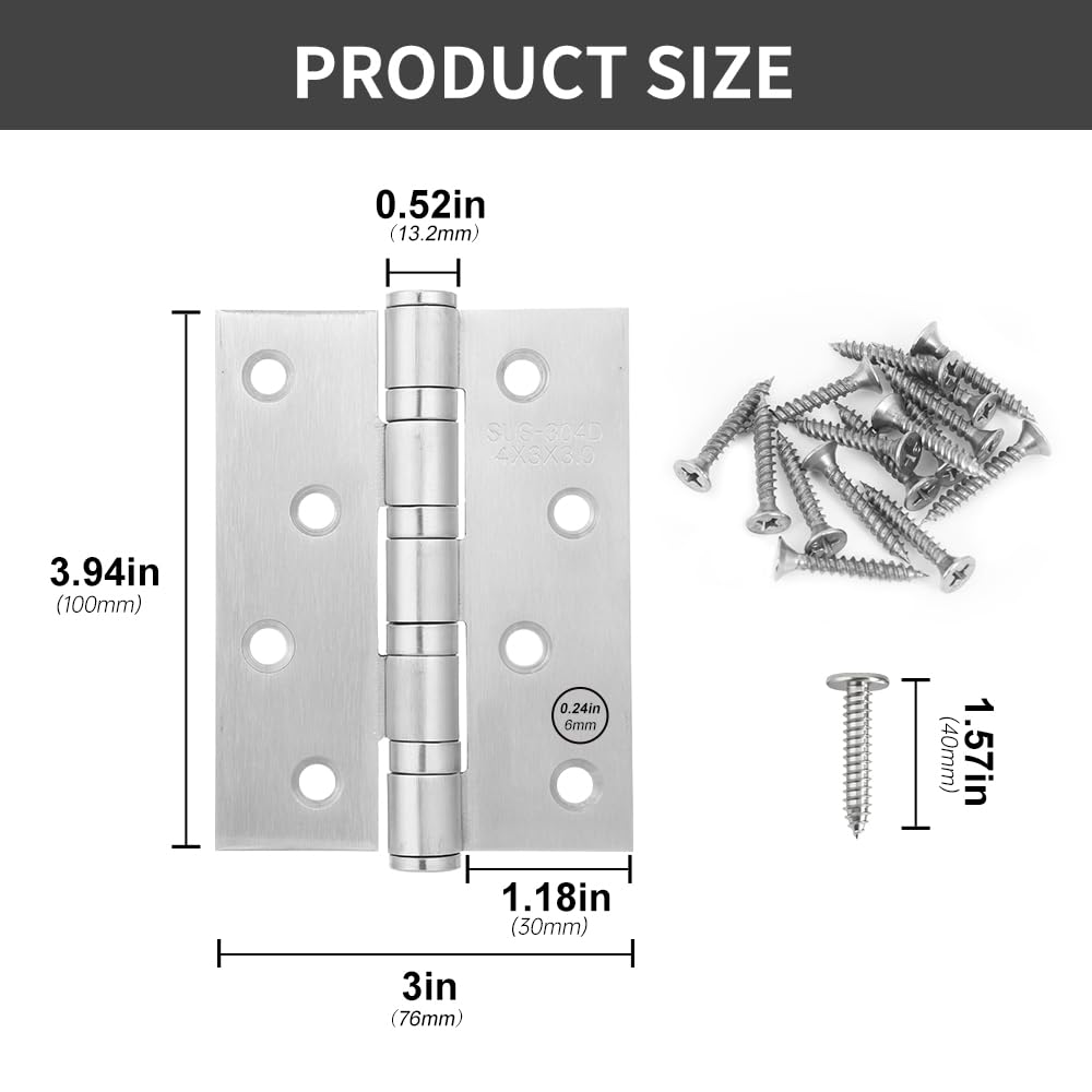 Confezione da 6 cerniere quadrate per porta interna in acciaio inox, 10,2 x 7,6 cm, cerniere per porte interne, cerniere per finestre, cerniere per porte esterne con viti