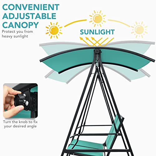 Image of Tangkula 2-Person Patio Swing, Weather Resistant Porch Swing with Adjustable Canopy, Steel Frame, Outdoor Modern Canopy Swing with Handrails, Suitable for Porch Garden Poolside (Green)