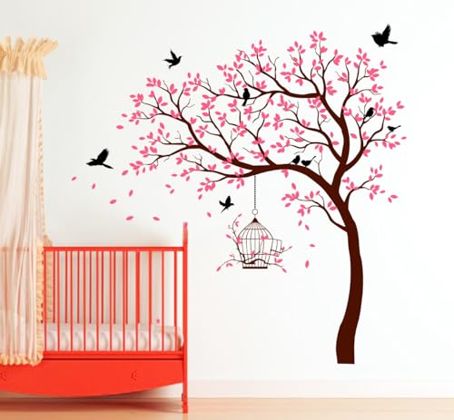Image of Rawpockets Tree with Birds and Cage(PVC Vinyl) Self Adhesive WallSticker (Pink)