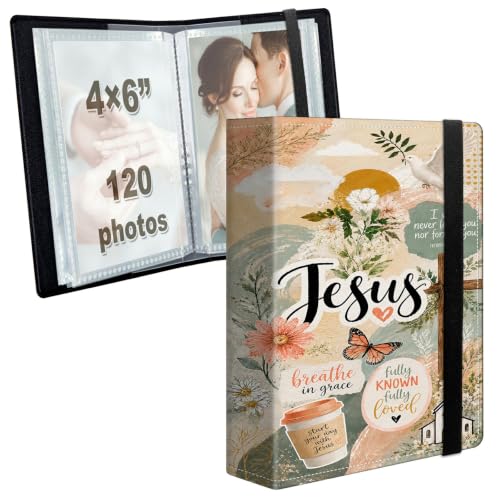 Image of Photo Album 4x6 120 Photos with Strong Elastic Band, Floral Jesus Collage | Large Capacity Premium Leather Picture Album, Portable Wallet Albums Photo Book for Family Anniversaries Wedding Baby