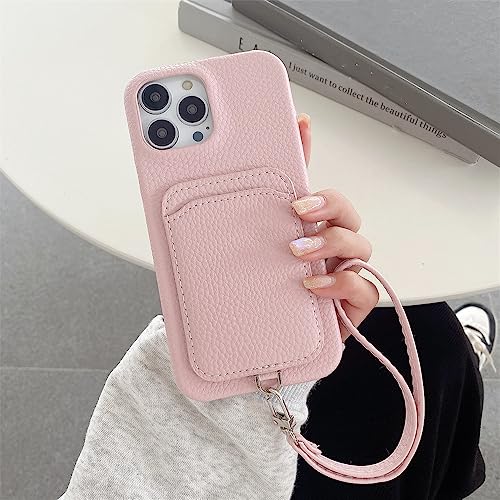 Étui portefeuille en cuir litchi pour iPhone 14 avec porte-carte et dragonne rose protectrice