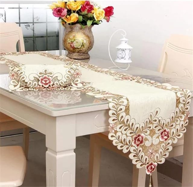 Image of MONKDECOR Floral Cutwork Design Dining Table Runner (Size-15x70 Inches) - Satin EMB-03