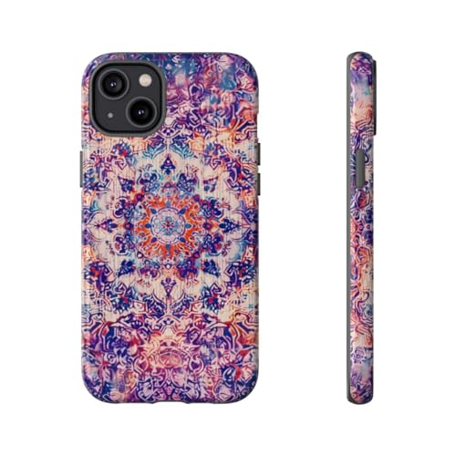 Coque iPhone 14 Plus motif tapis oriental psychédélique violet rigide brillante