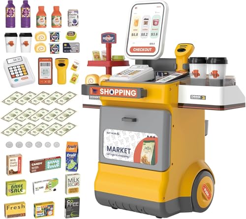 Image of VikriDA 46-Piece Pretend Play Cash Register Set with Water Outlet, Calculator, Scanner, Credit Cards, Coffee Machine & Play Food - Yellow