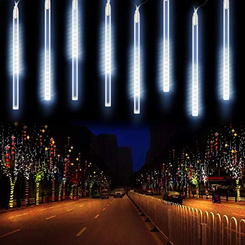 Meteor Shower Rain Lights,Flipcase LED Waterproof Icicle Falling Rain Christmas Lights for Wedding Party Christmas Xmas Tree String Outdoor Lights 30CM 8 Tubes 144 LEDs(White)